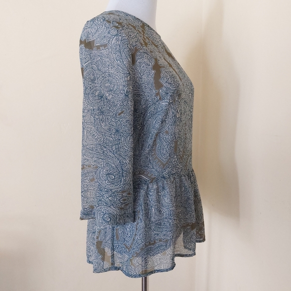 Petticoat Alley Floral Paisley Green Blue White Sheer Peplum Blouse - Picture 3 of 9